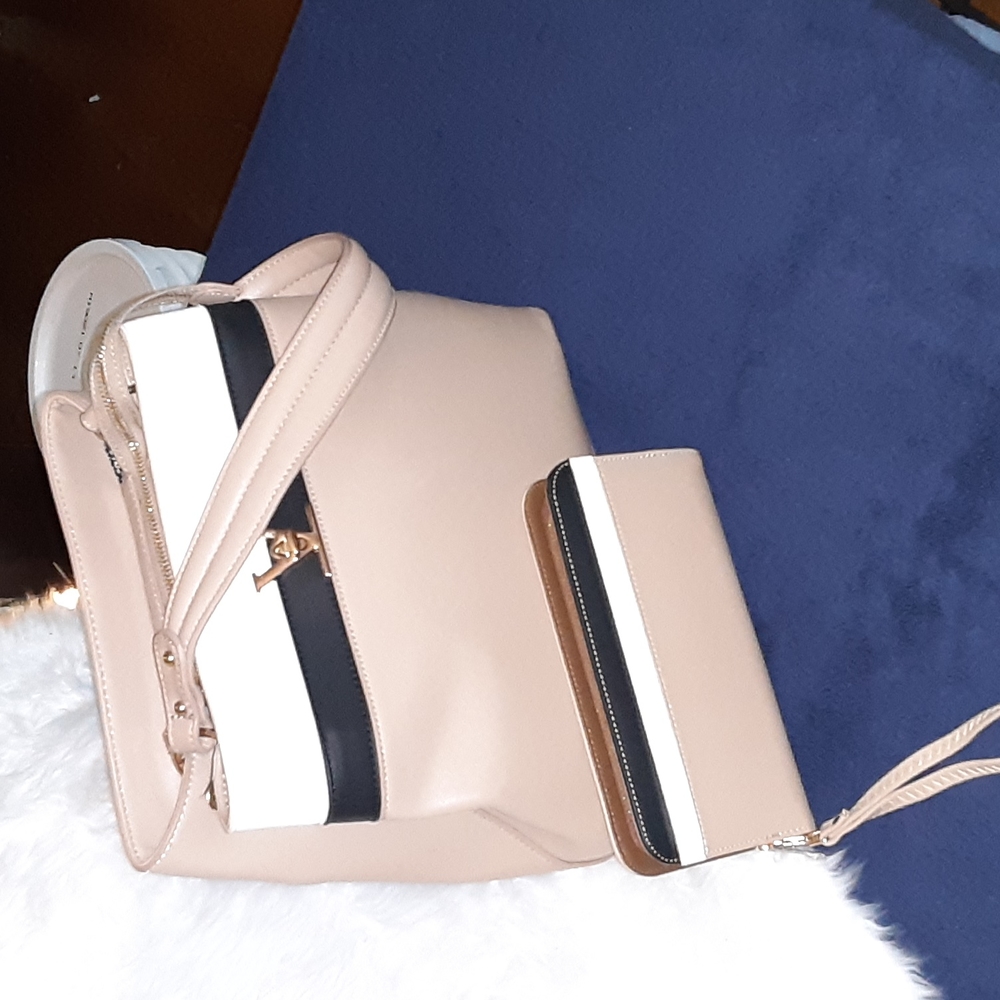 Alyssa tan black and white vegan approved leather purse and matching wallet